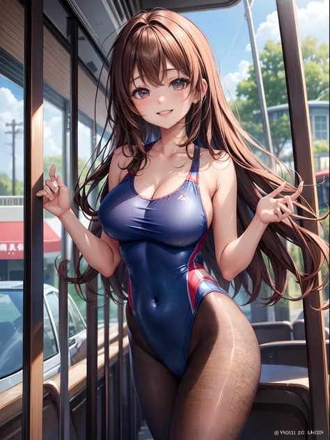 top-quality、Full limbs、complete fingers、Many women wear competition swimsuits、Beautiful Large Breasts、Brown-haired woman、straight haired、Woman with waist-length hair、Woman in blue and red competitive swimsuit、Brown pantyhose、in the bus、A big smile、Naughty ...