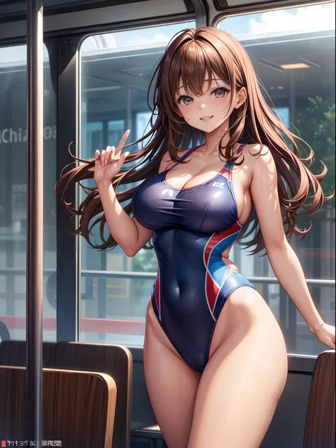 top-quality、Full limbs、complete fingers、There are many women in competitive swimsuits、Beautiful Large Breasts、Brown-haired woman、straight haired、Woman with waist-length hair、Woman in blue and red competitive swimsuit、Brown pantyhose、On the bus、A big smile、...