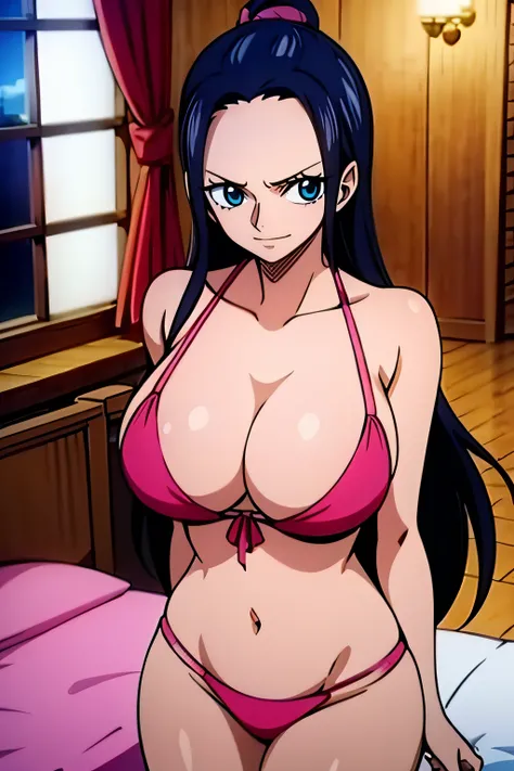 Robin de One Piece, Pose sexy, Y si , Elly, Premios rojo, 8k, anime, ribera, Gran Theta, grande, Se ve sexy perfecta calidad ojos ojos azules, Bikini rosa, Bikini rosa, cama, Casa, Noche