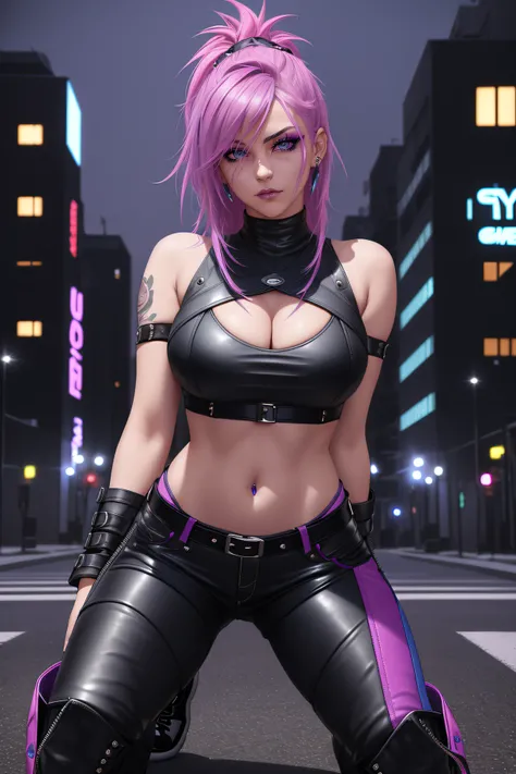 beautiful girl, full body, short bright blue and magenta streaked dishevelled hair, large blue piercing eyes, black eyeshadow, (street style wear:1.2), ((tight fitted pants)), ((knee high leather boots)), (city night background:1.2), dark makeup, digital a...