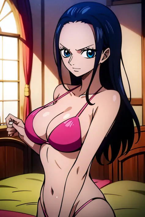 Robin de One Piece, Pose sexy, Y si , Elly, Premios rojo, 8k, anime, ribera, Gran Theta, grande, Se ve sexy perfecta calidad ojos ojos azules, Bikini rosa, Bikini rosa, cama, Casa, Noche, ojos azules, Axilas