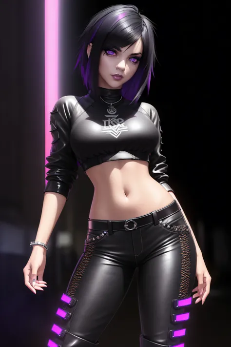 beautiful girl, ((standing:1.4)), (confident gaze:1.1), full body, short bright neon streaked black hair, ((realistic highly detailed eyes:1.4)), ((seductive pose:1.2)), black eyeshadow, (street style wear:1.2), ((tight fitted pants)), ((knee high leather ...