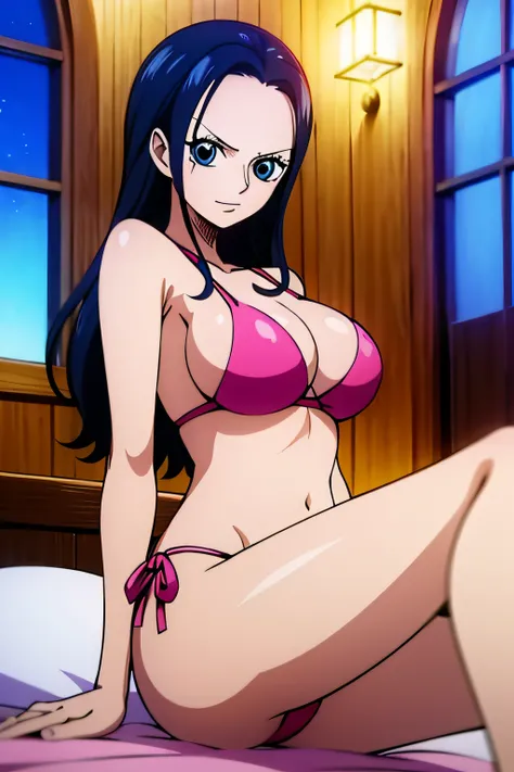 Robin de One Piece, Pose sexy, Y si , Elly, Premios rojo, 8k, anime, ribera, Gran Theta, grande, Se ve sexy perfecta calidad ojos ojos azules, Bikini rosa, Bikini rosa, cama, Casa, Noche, ojos azules, ASS, culo,