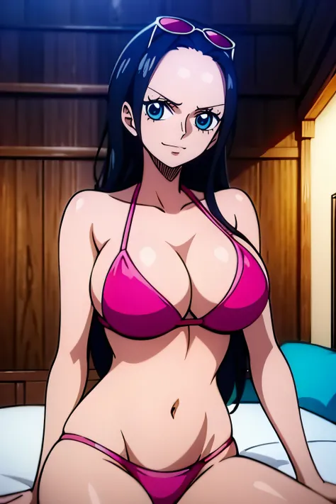 Robin de One Piece, Pose sexy, Y si , Elly, Premios rojo, 8k, anime, ribera, Gran Theta, grande, Se ve sexy perfecta calidad ojos ojos azules, Bikini rosa, Bikini rosa, cama, Casa, Noche, ojos azules,