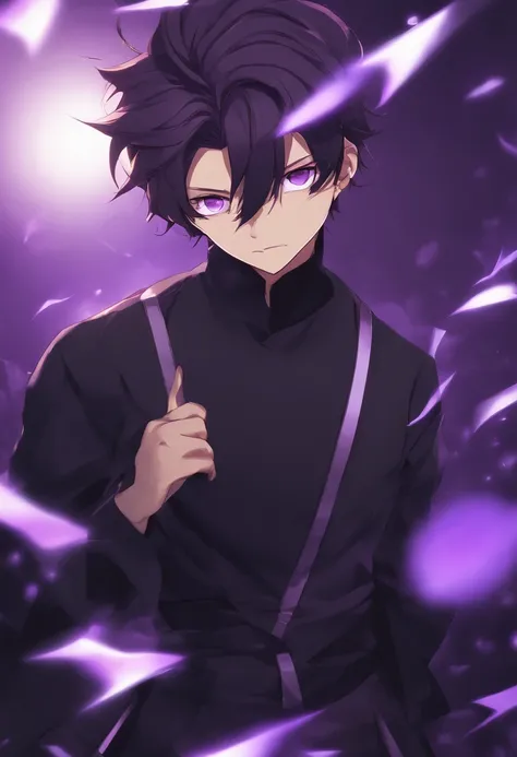 anime guy with black and purple hair and black shirt in front of a purple background, trigger anime artstyle, with vivid purple eyes, with glowing purple eyes, portrait gapmoe yandere grimdark, anime style portrait, anime style character, male anime charac...