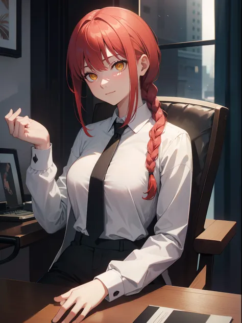 makima, makima, long hair, smile, closed mouth bangs, medium breasts, (yellow eyes:1.2), braid, red hair, braided ponytail, ringed eyes, BREAK shirt, long sleeves, jacket, white shirt, cleavage, sitting on table, loose necktie, collared shirt, pants, black...