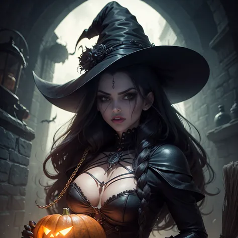 Witch with pumpkin and broom, Em um estilo de dia das bruxas, dia das bruxas, tema halloween, bruxa feminina bonita, menina bruxa mecanizada, supervillain sorceress witch, bruxa feiticeira do mal, Uma bruxa, bruxa escura da moda, bruxa, Scarry mas enfeitiç...