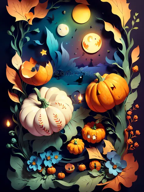 (((masterpiece))),best quality, illustration, pumpkins, ghosts , witches, moonlit, dark magic , paper_cut,