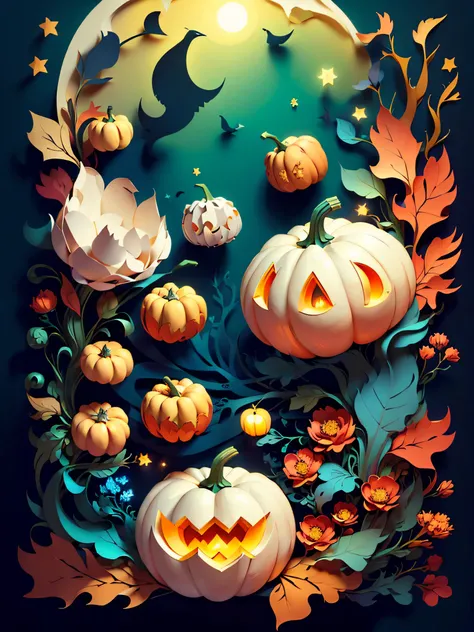 (((masterpiece))),best quality, illustration, pumpkins, ghosts , witches, moonlit, dark magic , paper_cut,