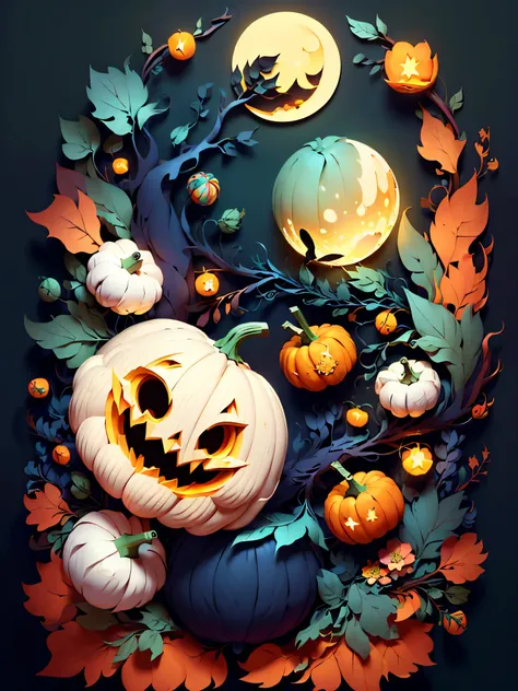 (((masterpiece))),best quality, illustration, pumpkins, ghosts , witches, moonlit, dark magic , paper_cut,