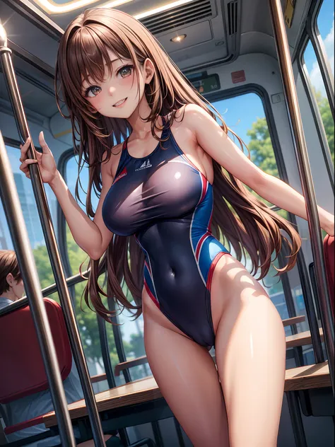 top-quality、Full limbs、complete fingers、Beautiful Large Breasts、Brown-haired woman、straight haired、Woman with waist-length hair、Woman in blue and red competitive swimsuit、Brown pantyhose、in the bus、A big smile、Naughty Poses