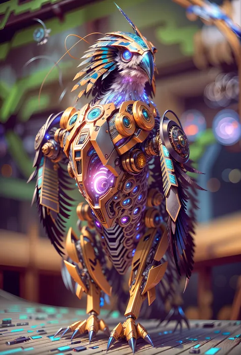 (Best quality, 8K,A high resolution,Masterpiece:1.2),Ultra-detailed),Futuristic robot owl,full bodyesbian,colorful neon,High-tech mechanical parts,Metal claws and wings,Metal heads and pecks,Metal feathers,Extremely cool,Metal legs,Bionic eye,Detailed feat...