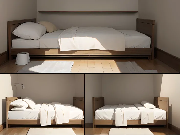 A white bed, (((side view))), lateral view beige wall, medium small sized