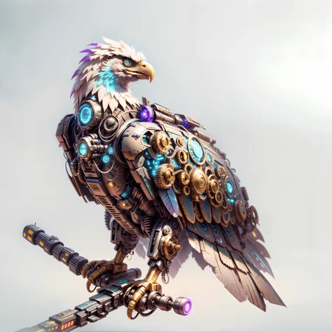 (Best quality, 8K, A high resolution, tmasterpiece:1.2), （Ultra-detailed), (Cybertron futuristic mechanical bald eagle), full bodyesbian, Dreamy glow，luminous neon lights，High-tech mechanical parts,Metal claws and wings,Metal heads and pecks,Metal feathers...