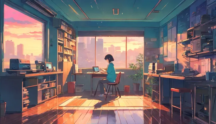 Lo-Fi Hip Hop , (zero), Menina estudando em seu quarto, Ler um livro, Use fones de ouvido, , luzes noturnas, Neon landscape on a rainy day,analog color theme, Lo-Fi Hip Hop , retrospectiva, plano, 2.5D ,Desenhar uma linha, desenho a tinta digital, Great sl...