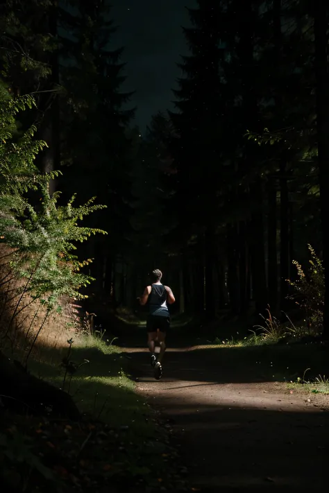 Its an image of a person running through a dark forest. The person is scared and running away from something. A floresta escura representa os pensamentos e sentimentos negativos que podem acompanhar a ansiedade.