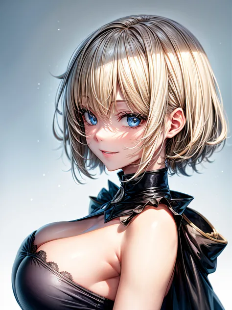 gotic girl, blond and short hair, front view, white empty environment, blue eyes, smile, black short translucent clothes, sexy, top up view, focus on face