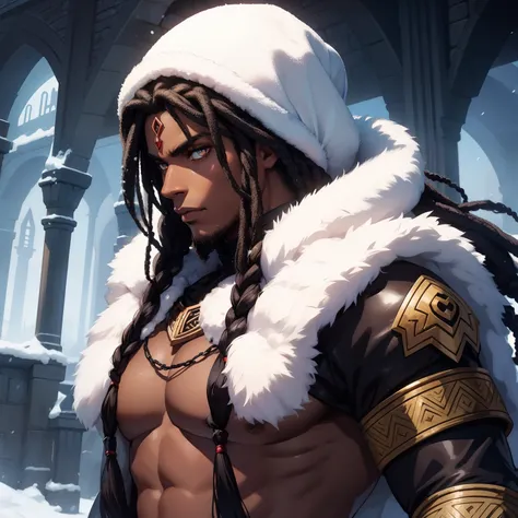 Dark Skin Man. Berserker Man. Dread Hair. Snow Florest. Medieval Art