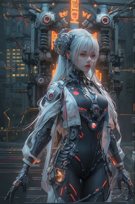 Top Quality, Masterpiece, Ultra High Resolution, ((Photorealistic: 1.4), Raw Photo, 1 cyberpunk Girl, Glossy Skin, 1 Mechanical Girl, (Ultra Realistic Details)), mechanical limbs, tubes connected to the mechanical parts, mechanical vertebrae attached to th...