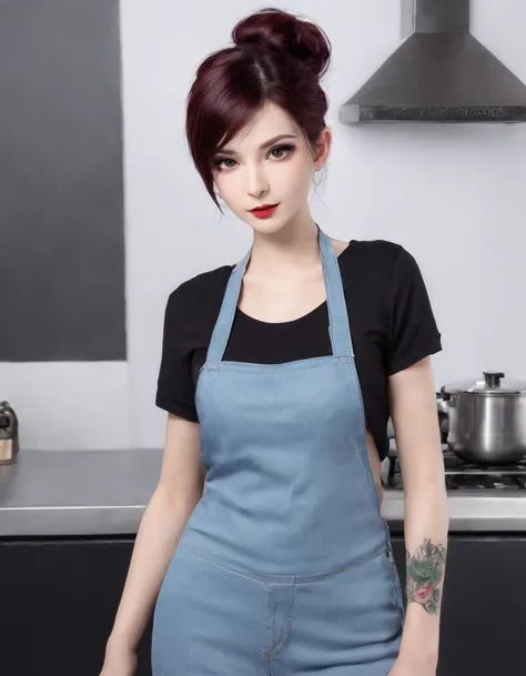 In a pixie goth style. The worlds most beautiful female super chef, 1 person, energetic in face paced high octane professional kitchen. Full view body shot ((head to toe)) on Kodak. Person is wearing tight fitting white t-shirt and skinny-fit denim jeans. ...