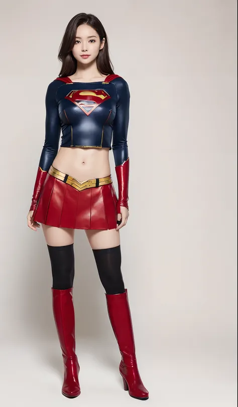 (((Wear black tights on your beautiful legs.)))、(((Grow legs、tall、beauty legs)))、(((facial expression of smile)))、((((Make the most of the original image)))、(((Supergirl Costume)))、(((beautiful hairl)))、(((Suffering)))、(((Feet must necessarily be worn with...