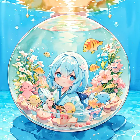 (PastelColors:1.5)、(Cute illustration:1.5)、(watercolor paiting:1.2)、(1 girl:1.0)、hair between eye、Blue background、Lots of Fish、Watching the fish、Fluttering clothes,Lots of flutter、 Good Style、Glitter in the heart、White motif, Light dark blue hair、Cute, Hea...