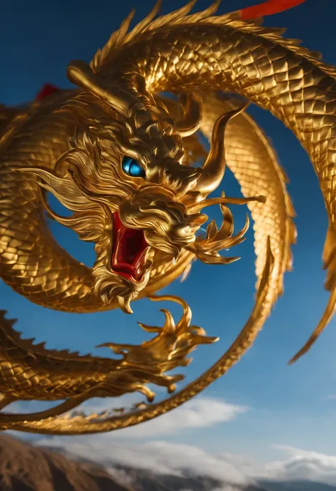 A spinning golden Chinese dragon soaring into the sky