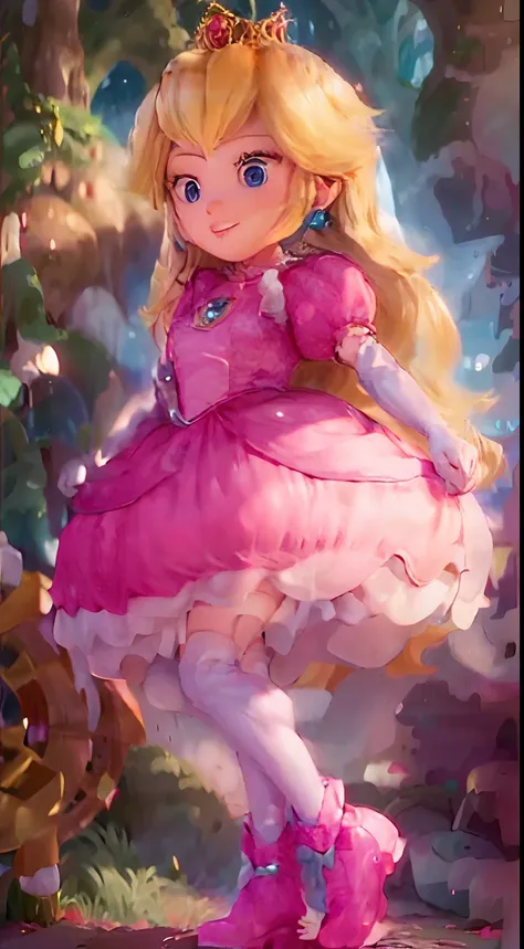 estilo cartoon (inside a castle setting,)  uma pequena princesa peach usando um lindo vestido rosa quente, she is kind and compa...