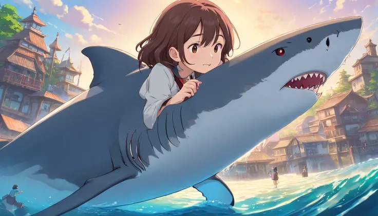 A giant wild great white shark protects beautiful adult, gothic, chubby, girl (Master parts: 1.5) (Fotorrealista: 1.1) (Bokeh) (Best quality) (The skin、pores、Detailed texture of hair: 1.1) (复杂) (8K) (hdr) (Wallpapers) (Cinematic lighting) (foco nítido )