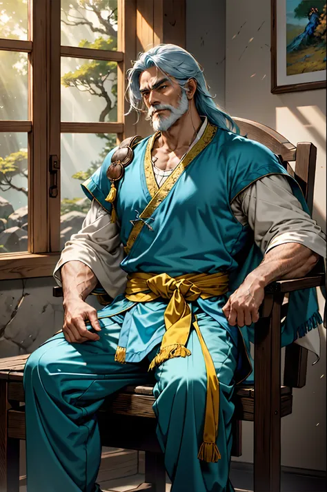 An elderly man with long thick grayish-blue hair, medium length hair, a kindly gaze, a gentle smile, a short neatly trimmed beard, a white fantasy wuxia-style outfit, a long yellow shawl over his shoulders, that shawl covering half of his body, a blue sash...