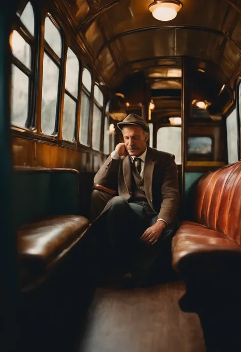 Man asleep inside an antique bus in the year 1980 watercolor