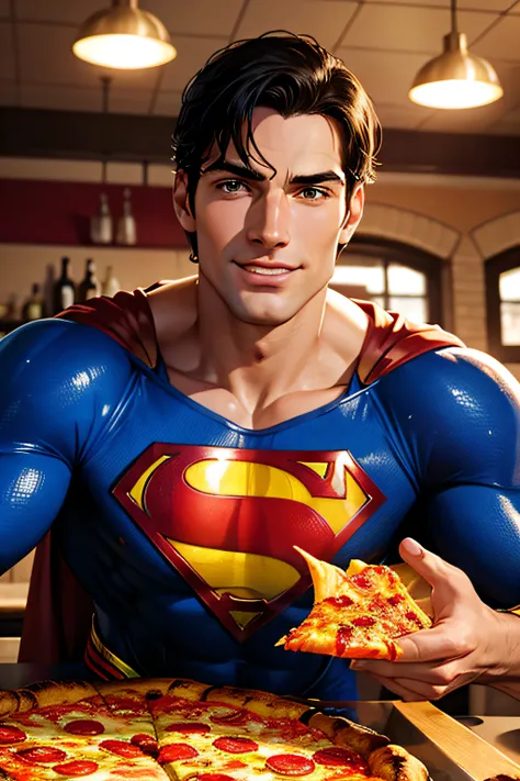 SuperMan, happy, in a beautiful, well-lit pizzeria, ready to eat a PORTUGUESE pizza looking straight ahead with the viewer with the (ENTIRE HEAD)