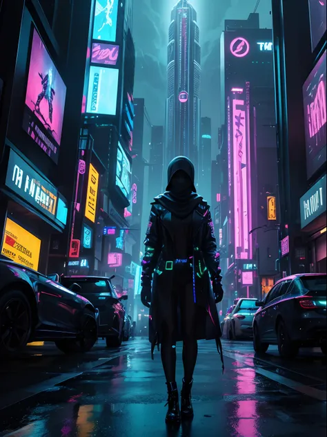 Craft an electrifying scene set in a futuristic, neon-lit cyberpunk cityscape at night. Towering skyscrapers with holographic billboards loom overhead, casting colorful reflections onto the rain-soaked streets. In the center of this high-tech metropolis, a...