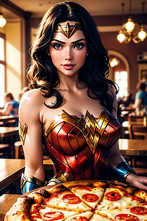 Wonder Woman, happy, in a beautiful, well-lit pizzeria, ready to eat a margherita pizza, looking forward with the viewer with her head in close-up