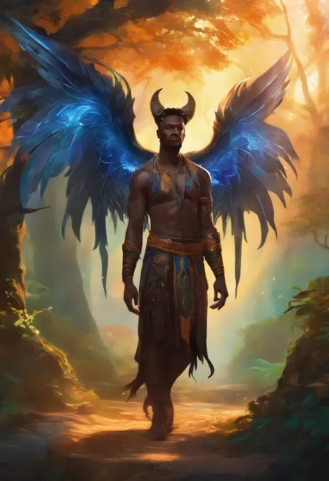 Black Demon Beautiful Male Black Man with Blue and Orange Details, Large Wings, Forest in the Background, Vibrant Colors, Full Body, Detailed Face, Detailed Hands, Detailed Legs, Detailed Fingers, Detailed Hair, Detailed Eyes, Detailed Skin, Lush Vegetatio...