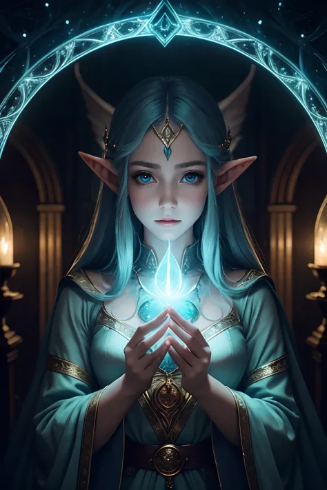 A beautiful fantasy elf, looks at the camera, symmetrical eyes, symmetrical face, mystical magical fantasy enchanted ethereal, cinematic shot, cinematic scene, stunning, breathtaking, a sense of magic in the air, magical fantasy, diffused lighting