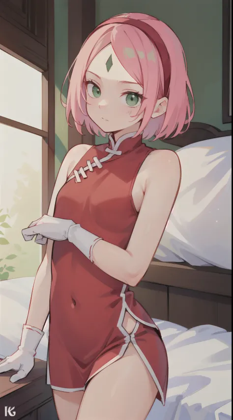 Sakura Haruno, Sakura Haruno, Off-the-shoulder attire，cleavage，Short hair, bangs, (Green eyes:1.5), Pink hair, shairband, face markings, (forehead mark:1.2), red hairband, (Small breast:1.2),
Break Chinese clothes, dress, (Red dress:1.3), Short skirt, Blac...