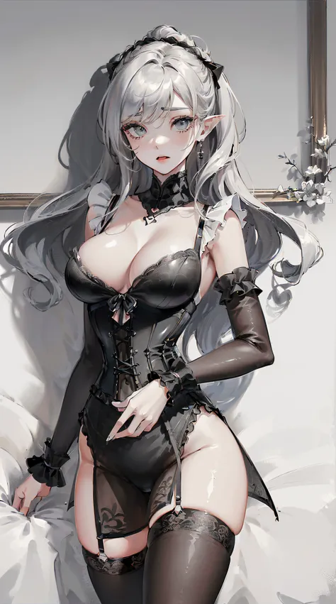 ((((((large breasts, erotic lingerie, puffy long sleeves, see-through dress, corset, wrist cuffs, frills, bangs, maid,  on the b...