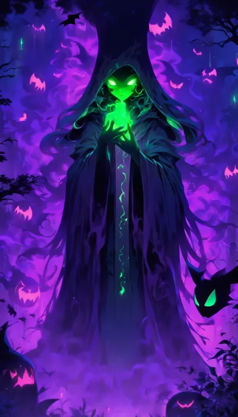 Tags: poisonous evil witch, terrible glowing purple spells, neon green, purple, dark atmosphere, spooky, eerie, sinister, magical, glowing eyes, long crooked nose, flowing black robes, enchanted forest, misty, haunting, foggy, creepy creatures, bats, spide...