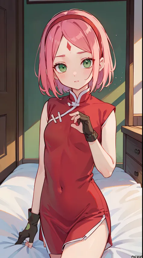 Sakura Haruno, Sakura Haruno, Off-the-shoulder attire，cleavage，Short hair, bangs, (Green eyes:1.5), Pink hair, shairband, face markings, (forehead mark:1.2), red hairband, (Small breast:1.2),
Break Chinese clothes, dress, (Red dress:1.3), Short skirt, Blac...