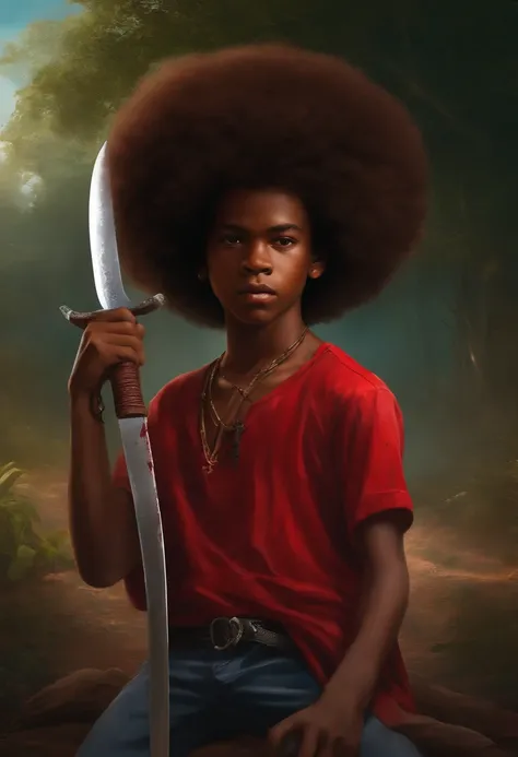 A boy between 15 and 16 years old wearing a red shirt, afro hair, holding a machete with blood