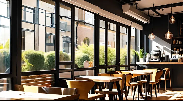 Generate images that reproduce the interior of a stylish café。Draw an impressive café interior with soothing lighting and modern furnishings。Delicious-looking coffee cups and pastries on the table、Soft sunlight is shining through the window.。