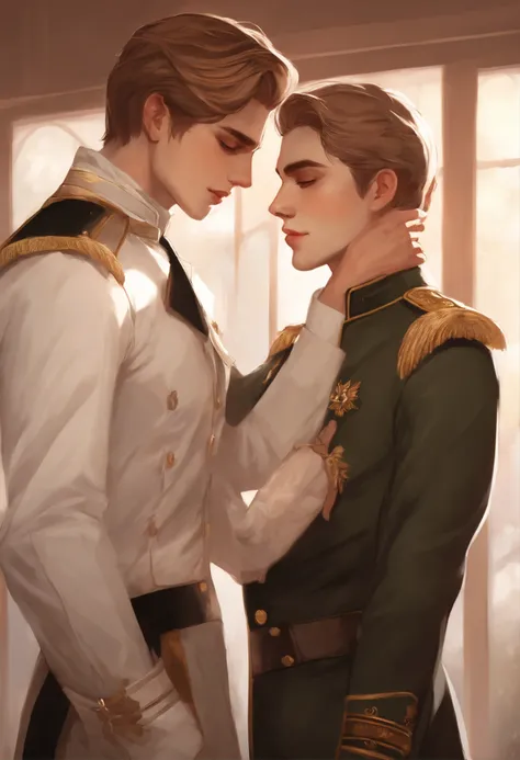 a couple of people in uniform hugging each other in a room, edmund blair and charlie bowater, beautiful androgynous prince, two anime handsome men, delicate androgynous prince, sakimichan and frank franzzeta, highly detailed exquisite fanart, petros and le...