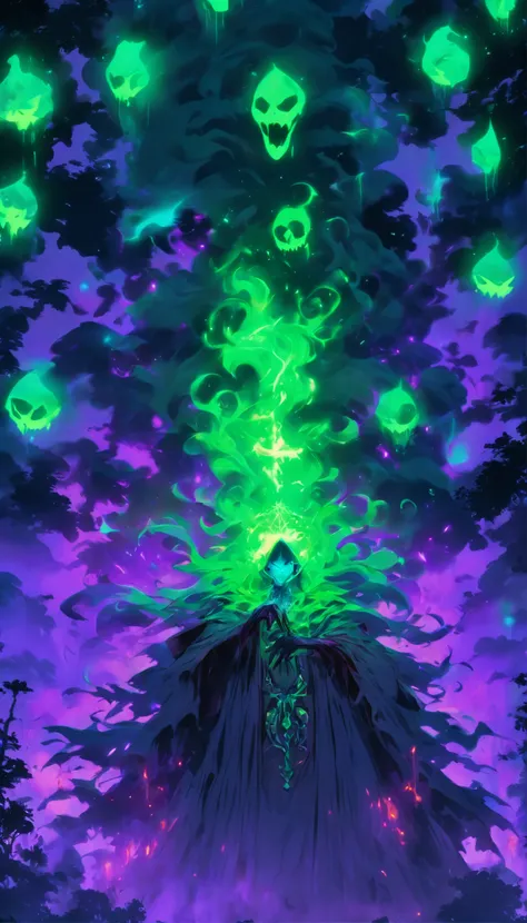 Tags: poisonous evil witch, terrible glowing purple spells, neon green, purple, dark atmosphere, spooky, eerie, sinister, magical, glowing eyes, long crooked nose, flowing black robes, enchanted forest, misty, haunting, foggy, creepy creatures, bats, spide...