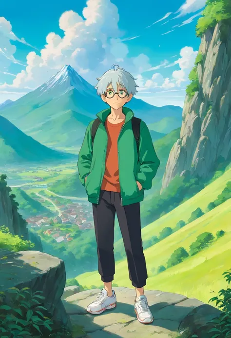 The man is standing coolly, he is wearing a green jacket, he is wearing black trousers, he is wearing white sneakers, he has short green hair, he has green eyes, he is wearing sunglasses, he is in the mountains, the sun behind the bright mountains, beautif...