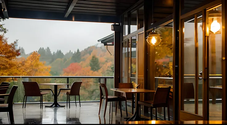 A cozy café in the autumn rain