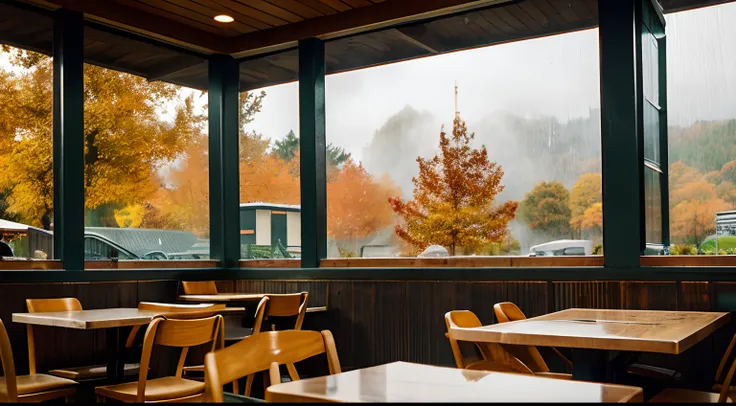 A cozy café in the autumn rain