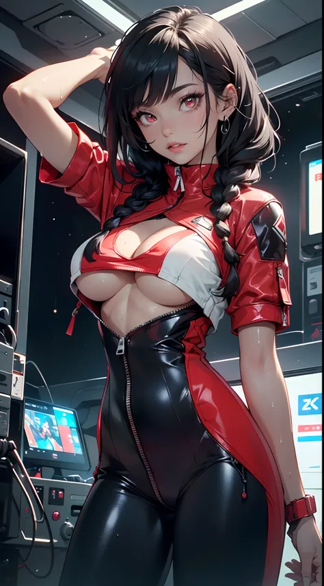 girl spacepunk,(((1girl))),((beautiful girl with spacesuit)),

(large breasts:1.4),saggy breasts,((((long twin braids,tight braids,long braid,braided hair,long hime cut,dark hair,black hair,colored inner hair)))),(((red_eyes:1.3))),intricate eyes,beautiful...