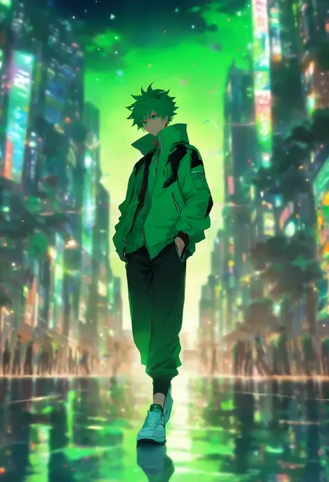 The man is walking coolly, he is wearing a green jacket, he is wearing black trousers, he is wearing white sneakers, he has short green hair, he has green eyes, he is in the city, night time, beautiful night sky, night breeze, extremely detailed