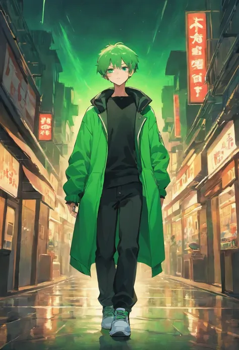 The man is walking coolly, he is wearing a green jacket, he is wearing black trousers, he is wearing white sneakers, he has short green hair, he has green eyes, he is in the city, night time, beautiful night sky, night breeze, extremely detailed